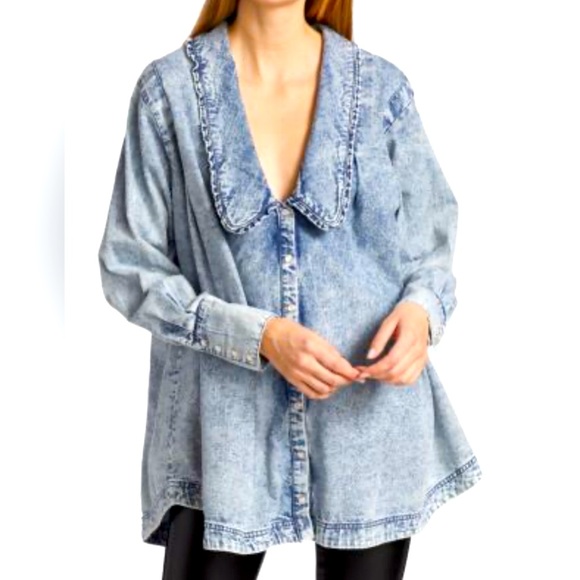 Free People Tops - Free People Charlie Denim Jean Pearl  Button Down Boho Ruffle Collar  Shirt Lg